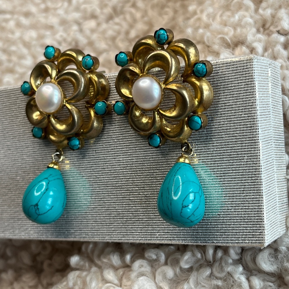 Vintage Estate Flower Gold Pearls Glass Turquoises Drop Dangle 2.25”